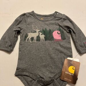 Carhartt Gray Long-Sleeve Baby Bodysuit with Pink & Green Woodland Graphic